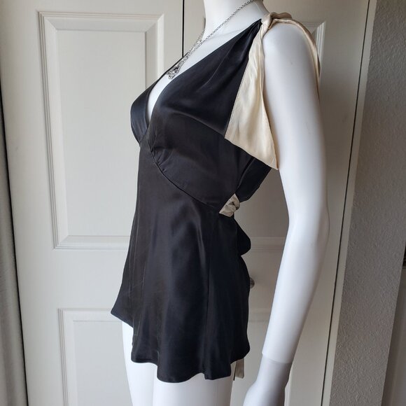 Women's Black Silk Sleeveless Empire Waist Blouse Top - Picture 3 of 8